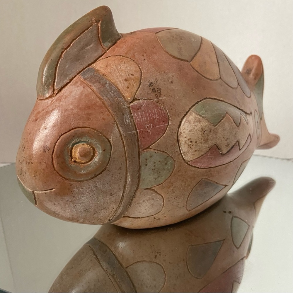 Vintage 70s Mexican Multicolored Burnished Clay Pottery Fish Sculpture Folk Boho